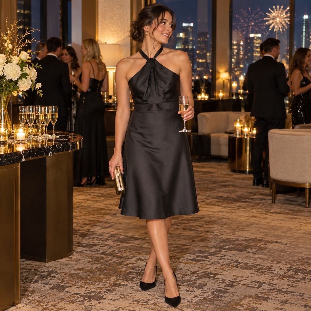 J. Crew Black Satin Halter Cocktail Dress Size 6 Twisted Neck A-Line Evening